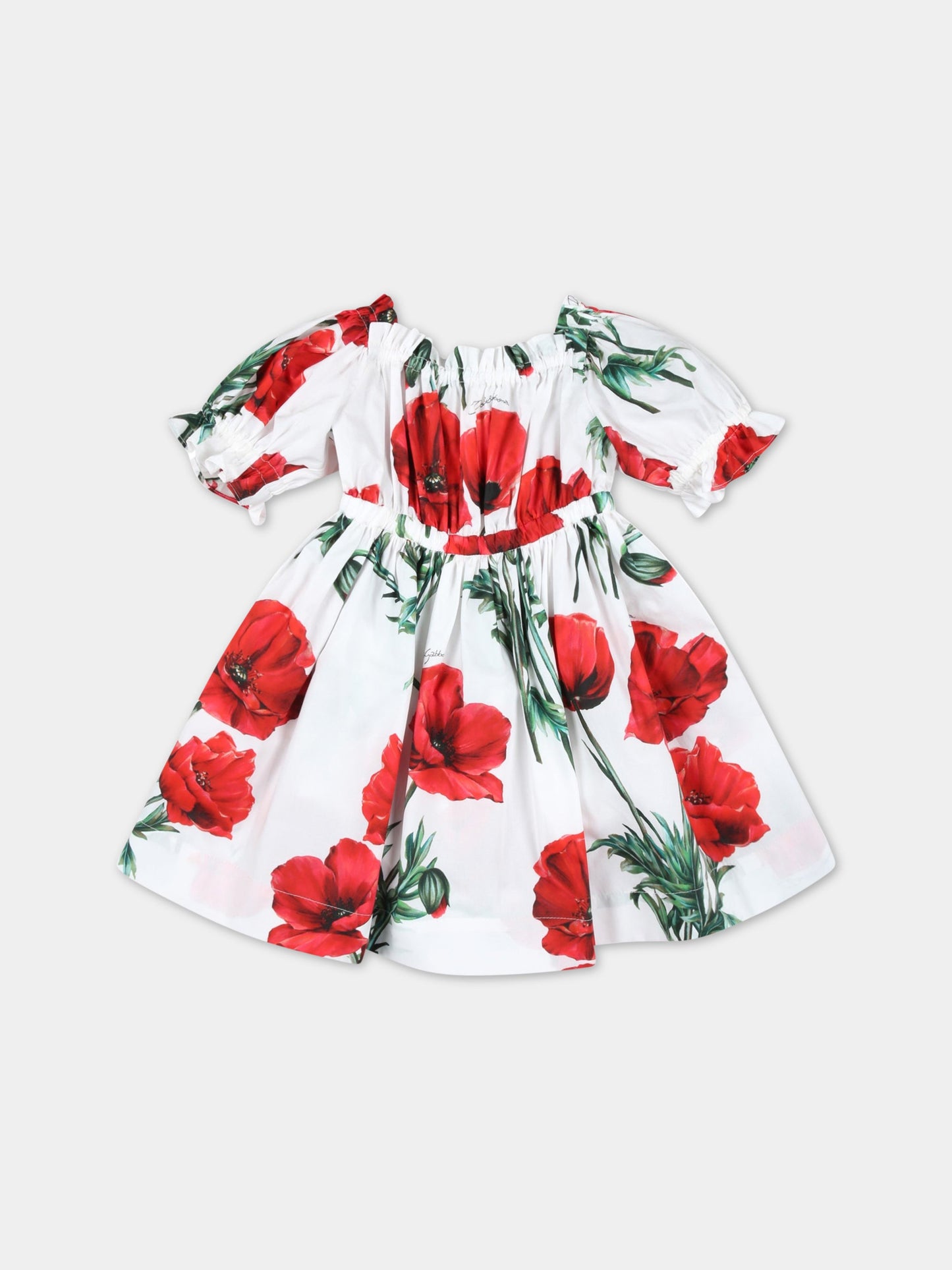 Vestito bianco per neonata con papaveri rossi,Dolce & Gabbana Kids,L23DI7 HS5O1 HA3VN