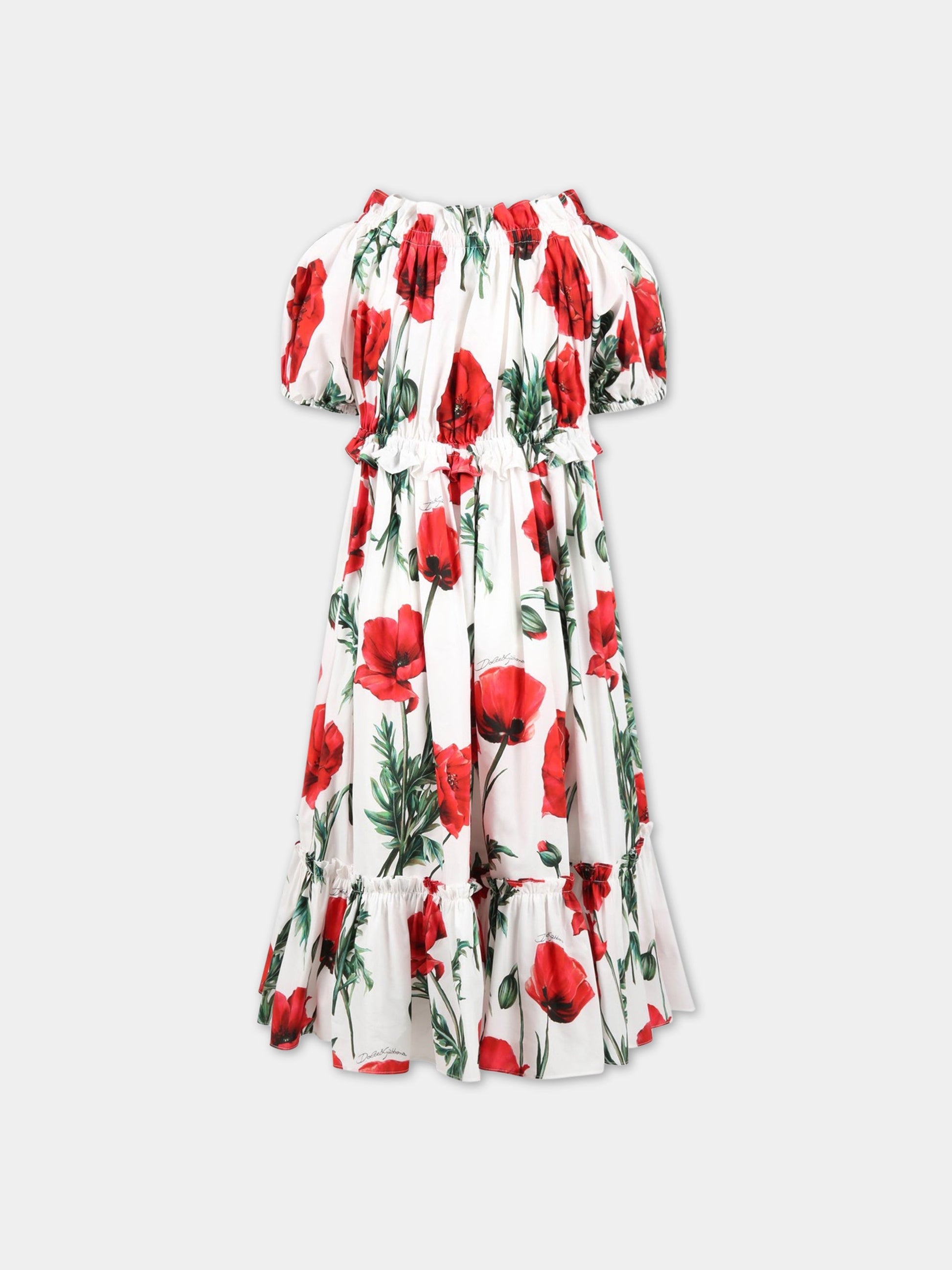 Vestito bianco per bambina con papaveri e logo,Dolce & Gabbana Kids,L53DI4 HS5O1 HA3VN