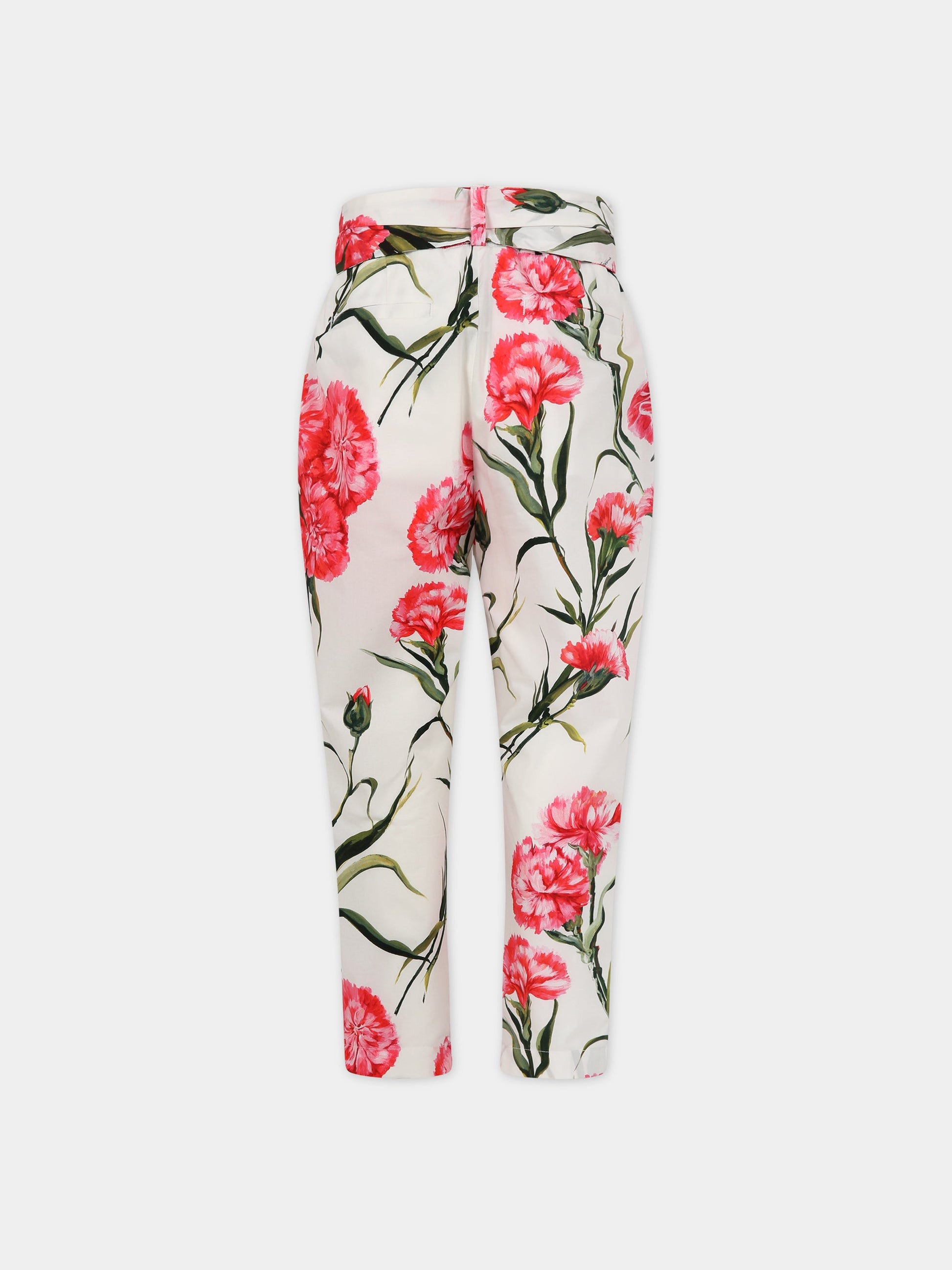 Pantaloni bianco per bambina con stampa garofani e logo,Dolce & Gabbana Kids,L53P22 HS5O0 HA3VL