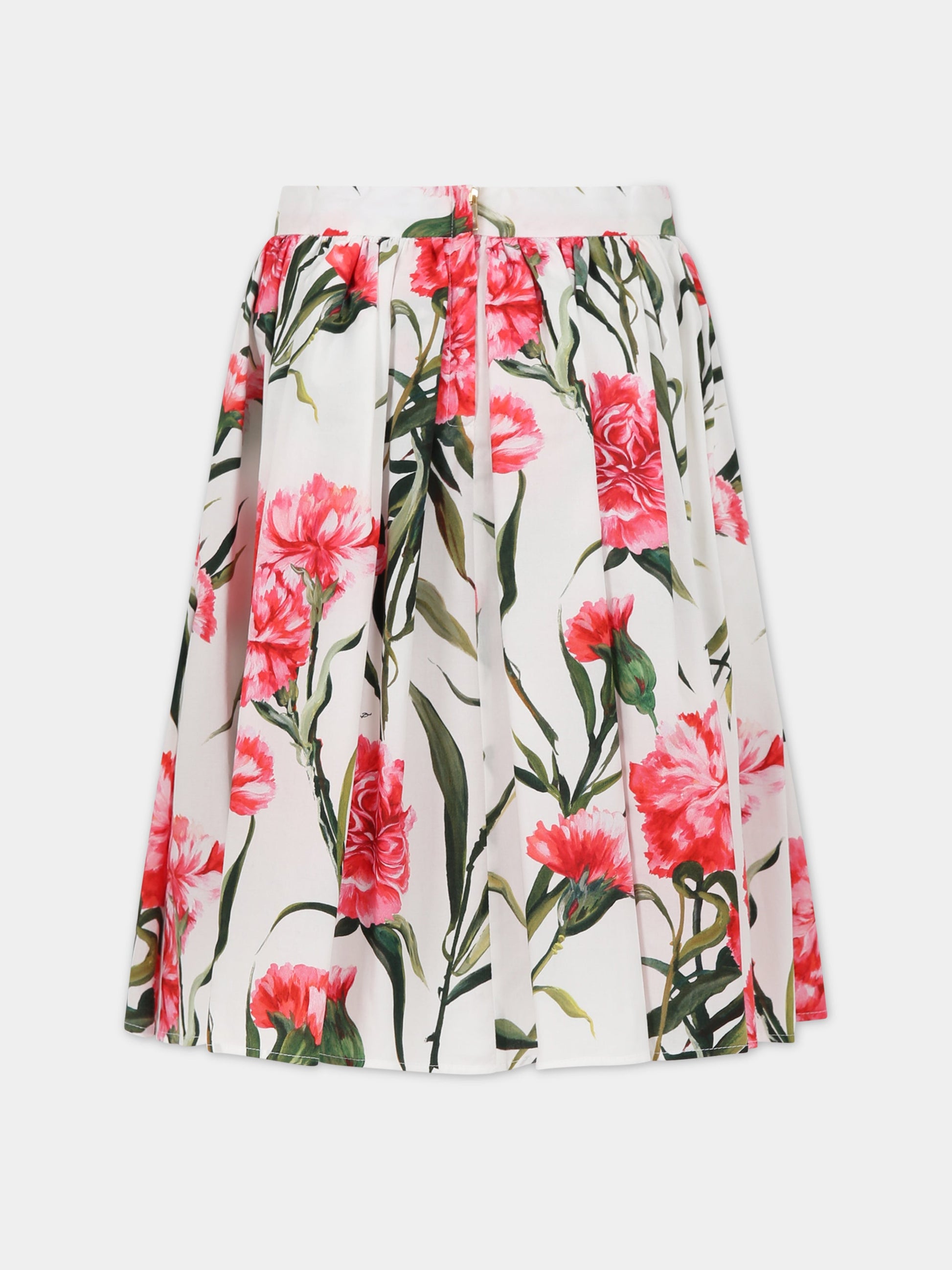 Gonna bianca per bambina con stampa garofani e logo,Dolce & Gabbana Kids,L54I48 HS5O0 HA3VL