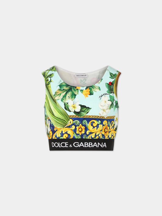 Top multicolor per bambina con stampa iconica e logo,Dolce & Gabbana Kids,L5JN73 G7I0R HC4NJ