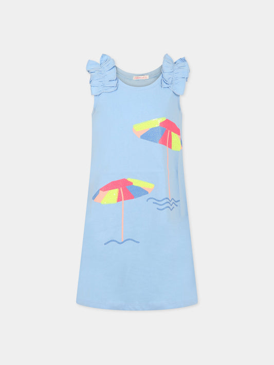 Vestito celeste per bambina con stampa ombrelli e paillette,Billieblush,U12797 798