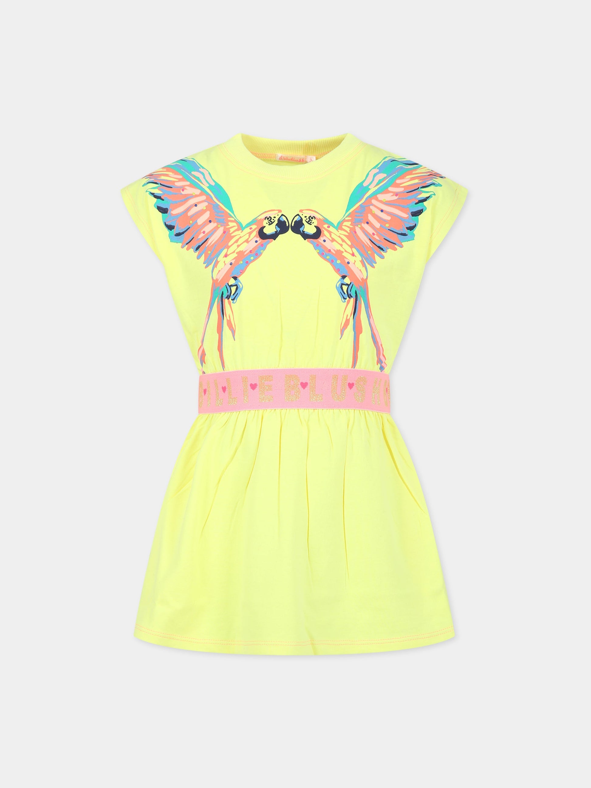 Vestito giallo per bambina con stampa pappagalli e logo,Billieblush,U12807 549