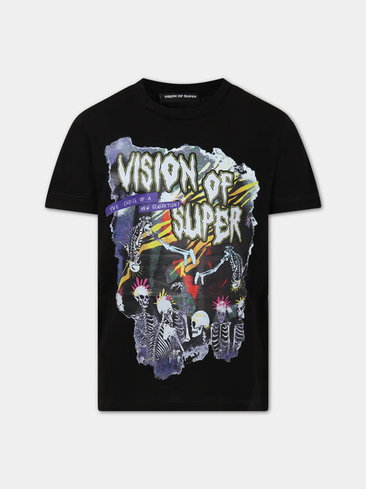 T-shirt nera per bambino con scritta  Vision of Super  e stampa,Vision Of Super,TSV3106J NERO