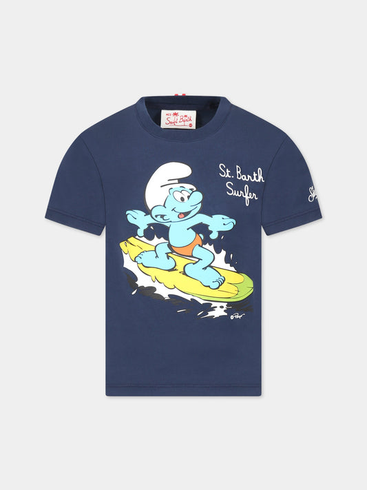 T-shirt blu per bambino con stampa e logo,Mc2 Saint Barth,TSHIRT BOY SMURF SURF 61 EMB