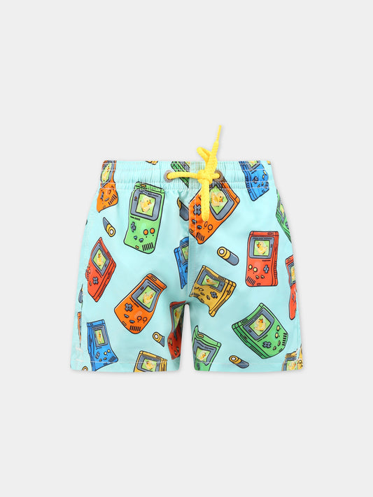 Boxer-mare celeste per bambino con stampa videogames e logo,Mc2 Saint Barth,JEAN BOY GAME 56