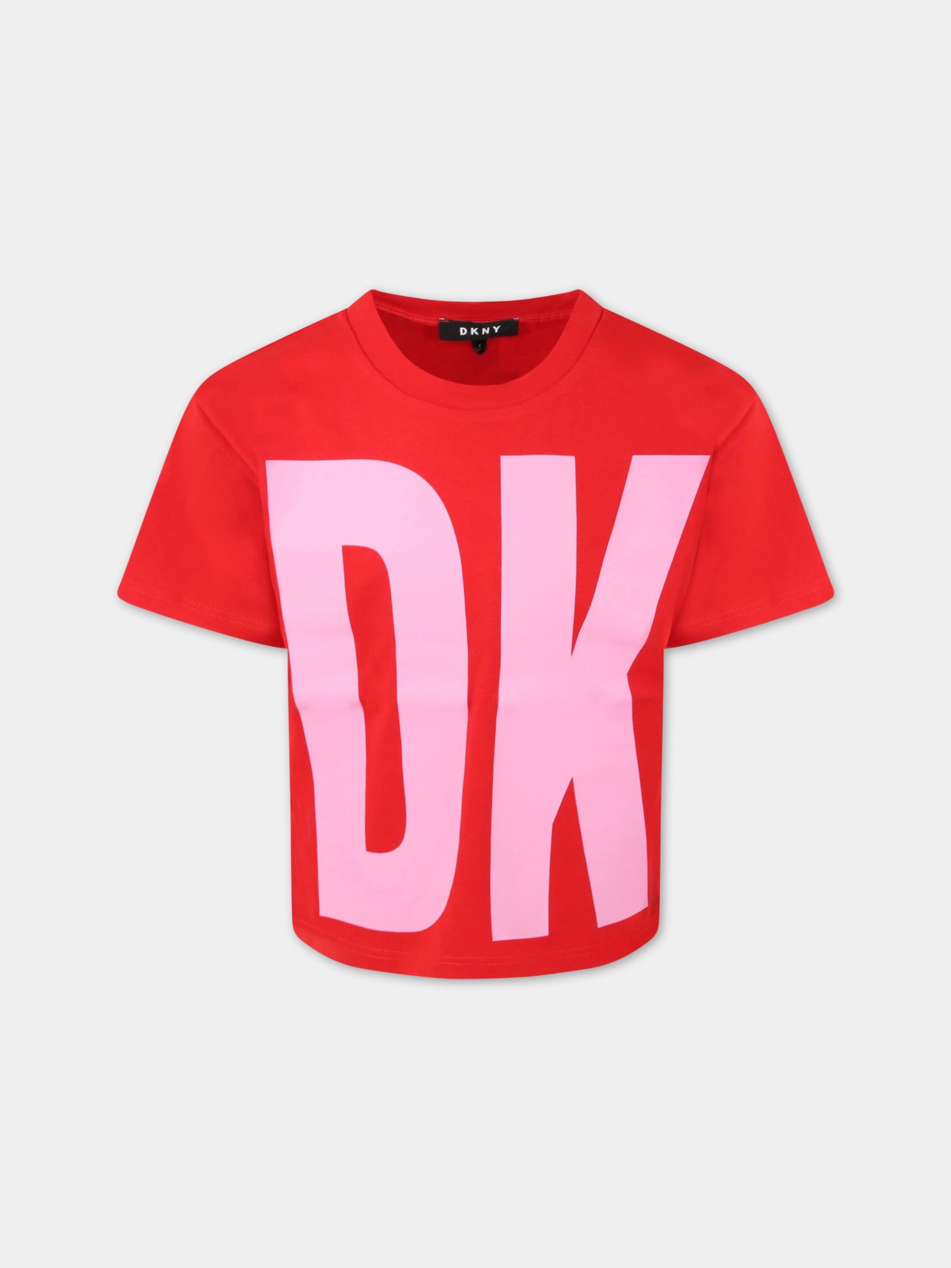 T-shirt rossa per bambina con logo rosa,Dkny,D35R61 991