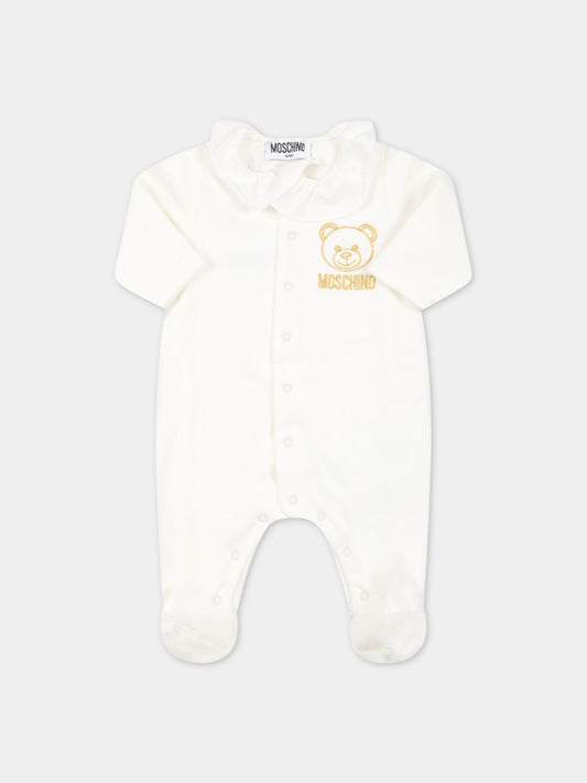 Tutina avorio per neonata con logo dorato ricamato,Moschino Kids,MDY00U LDA18 10063
