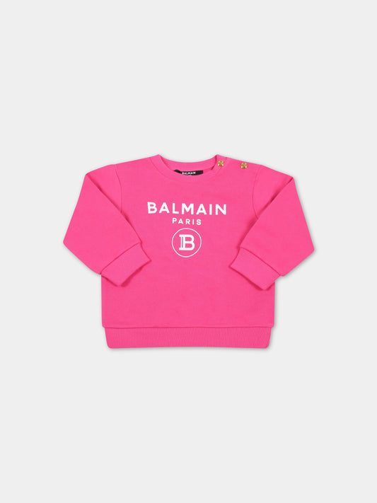 Felpa fucsia per neonata con loghi bianchi,Balmain Kids,6R4520 Z0001 514BC