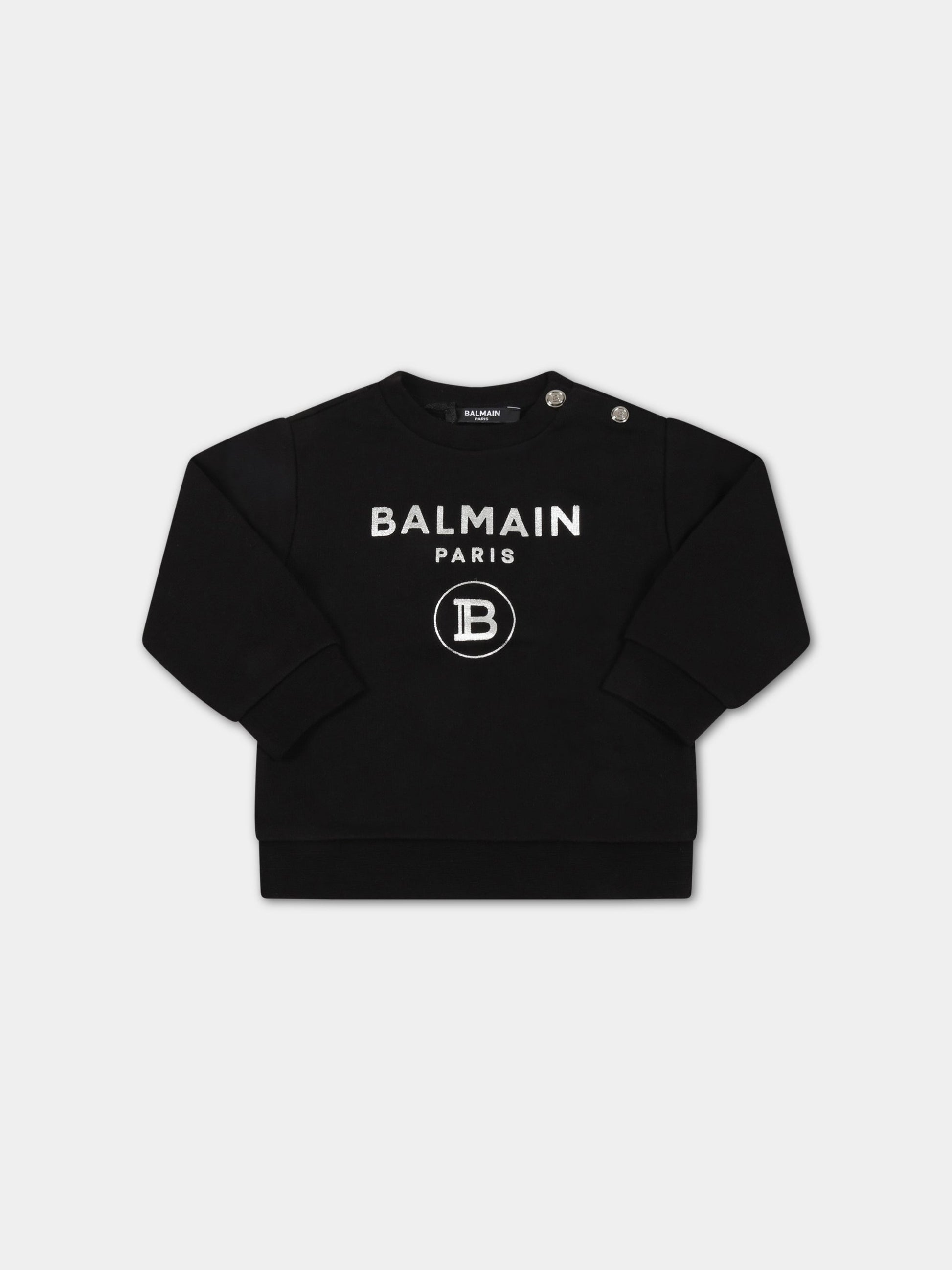 Felpa nera per neonata con loghi argentati,Balmain Kids,6R4530 Z0739 930AG
