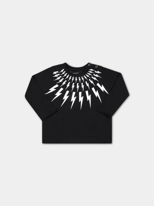 T-shirt nera per neonato con iconici fulmini bianchi,Neil Barrett Kids,032439 110