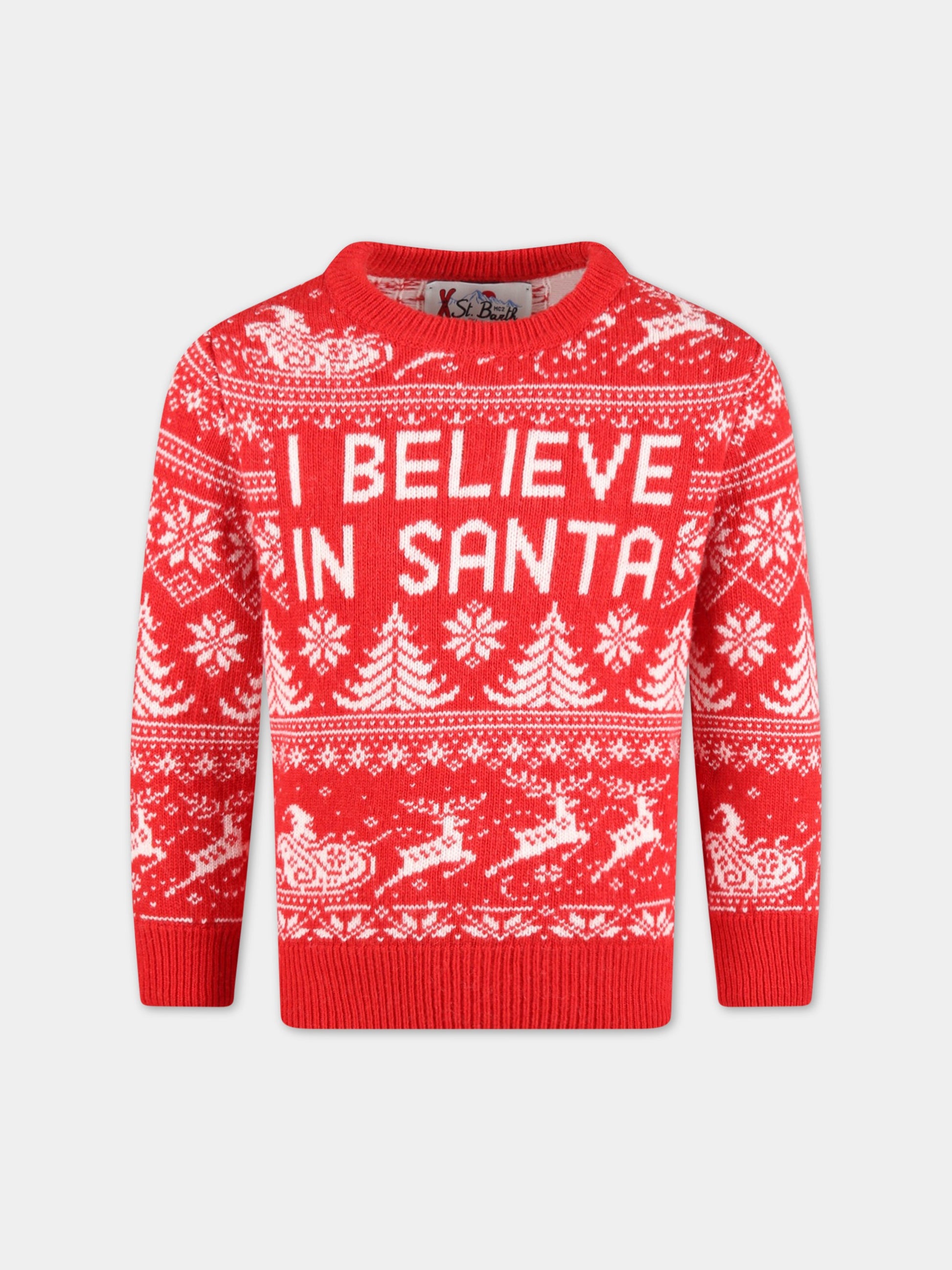 Maglione rosso per bambino con dettagli natalizi e logo,Mc2 Saint Barth,DOU0003 00903C