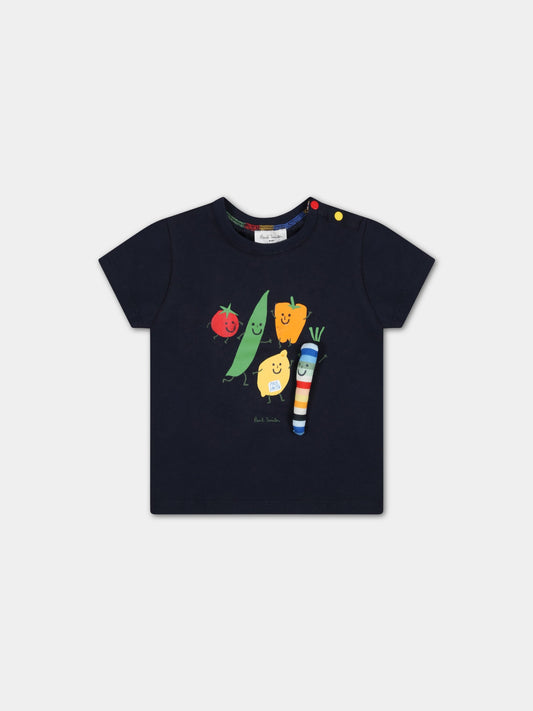 T-shirt blu per neonato con verdure e logo,Paul Smith Junior,P05246 83D