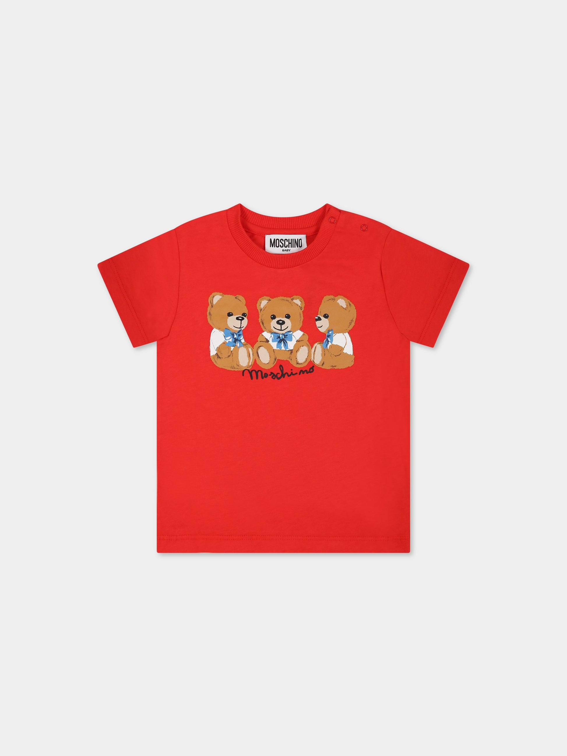 T-shirt rossa per neonati con Teddy Bear e logo,Moschino Kids,MUM035 LAA10 50109