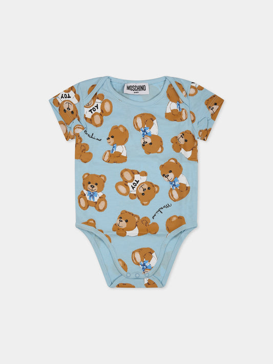 Body celeste per neonato con stampa Teddy Bear e logo all-over,Moschino Kids,MUT02U LAB48 82578