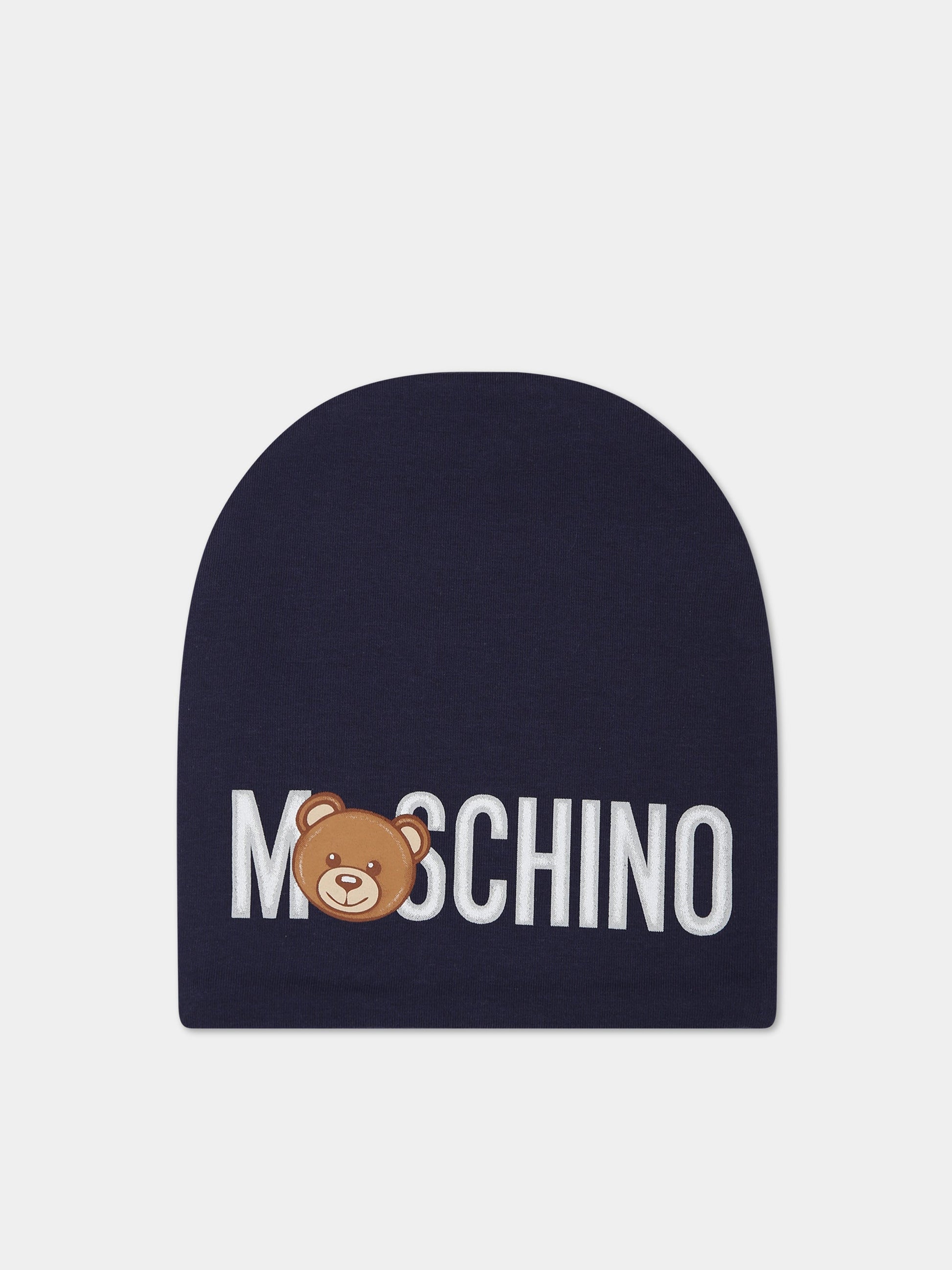 Cappello blu per neonati con teddy Bear e logo,Moschino Kids,MNX03N LDA17 40016