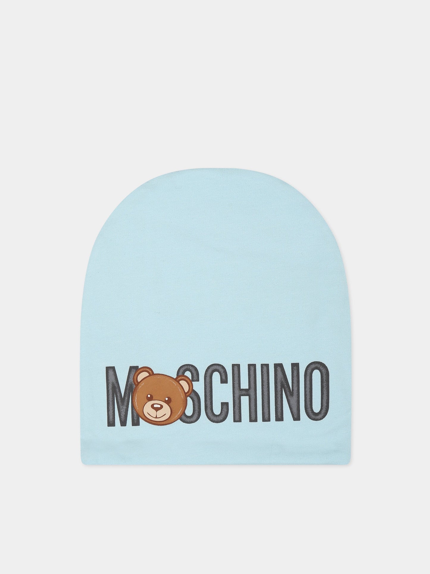 Cappello celeste per neonati con teddy Bear e logo,Moschino Kids,MNX03N LDA17 40304
