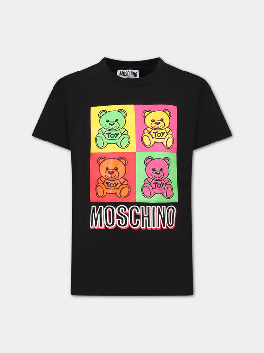 T-shirt nera per bambini con logo e Teddy Bear,Moschino Kids,HNM03S LBA19 60100