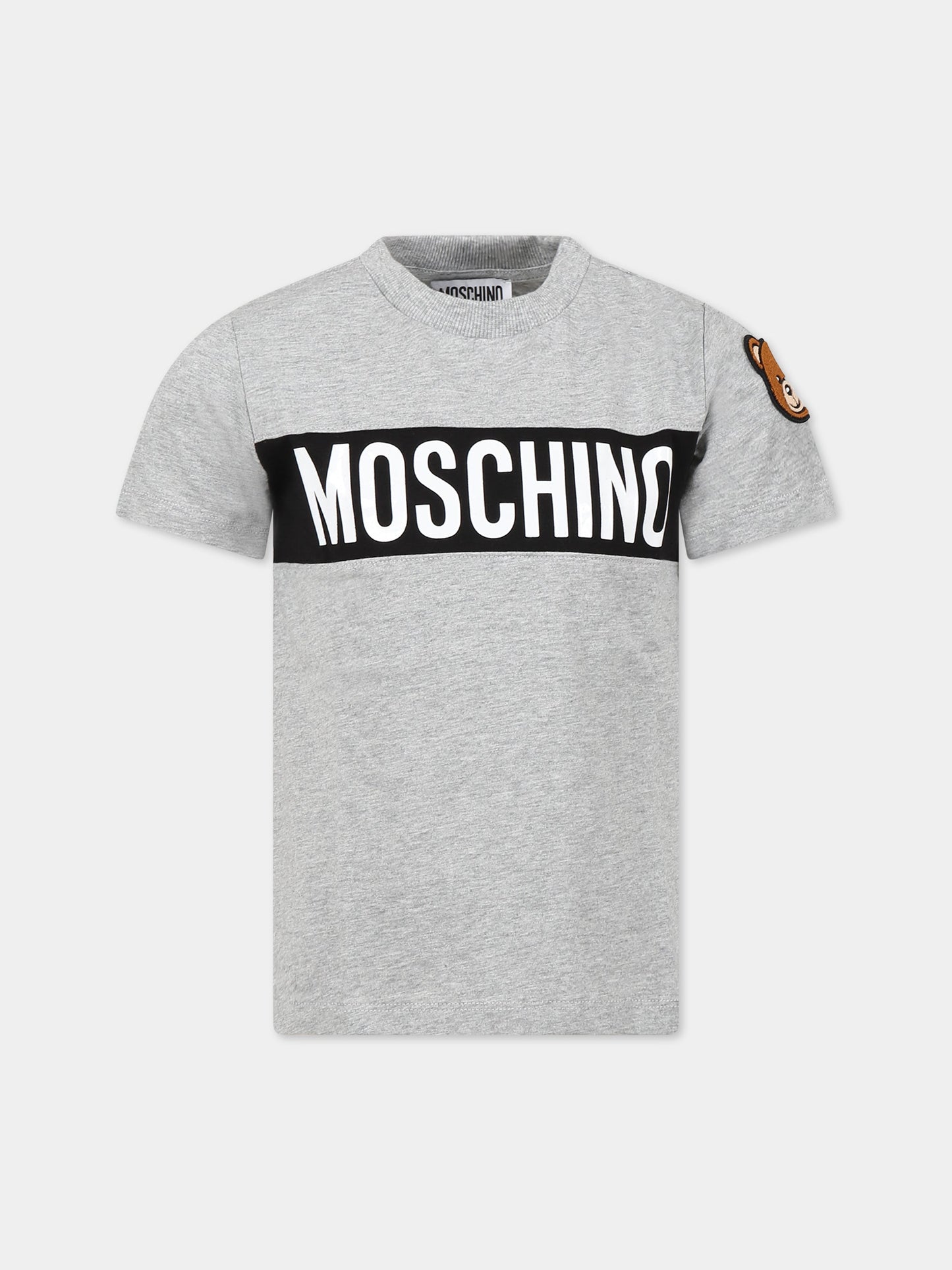 T-shirt grigia per bambini con logo e Teddy Bear,Moschino Kids,HUM03Q LAA10 60901