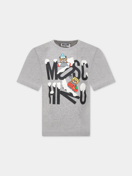 T-shirt grigia per bambini con Teddy Bears e logo,Moschino Kids,HPM03S LBA22 60901