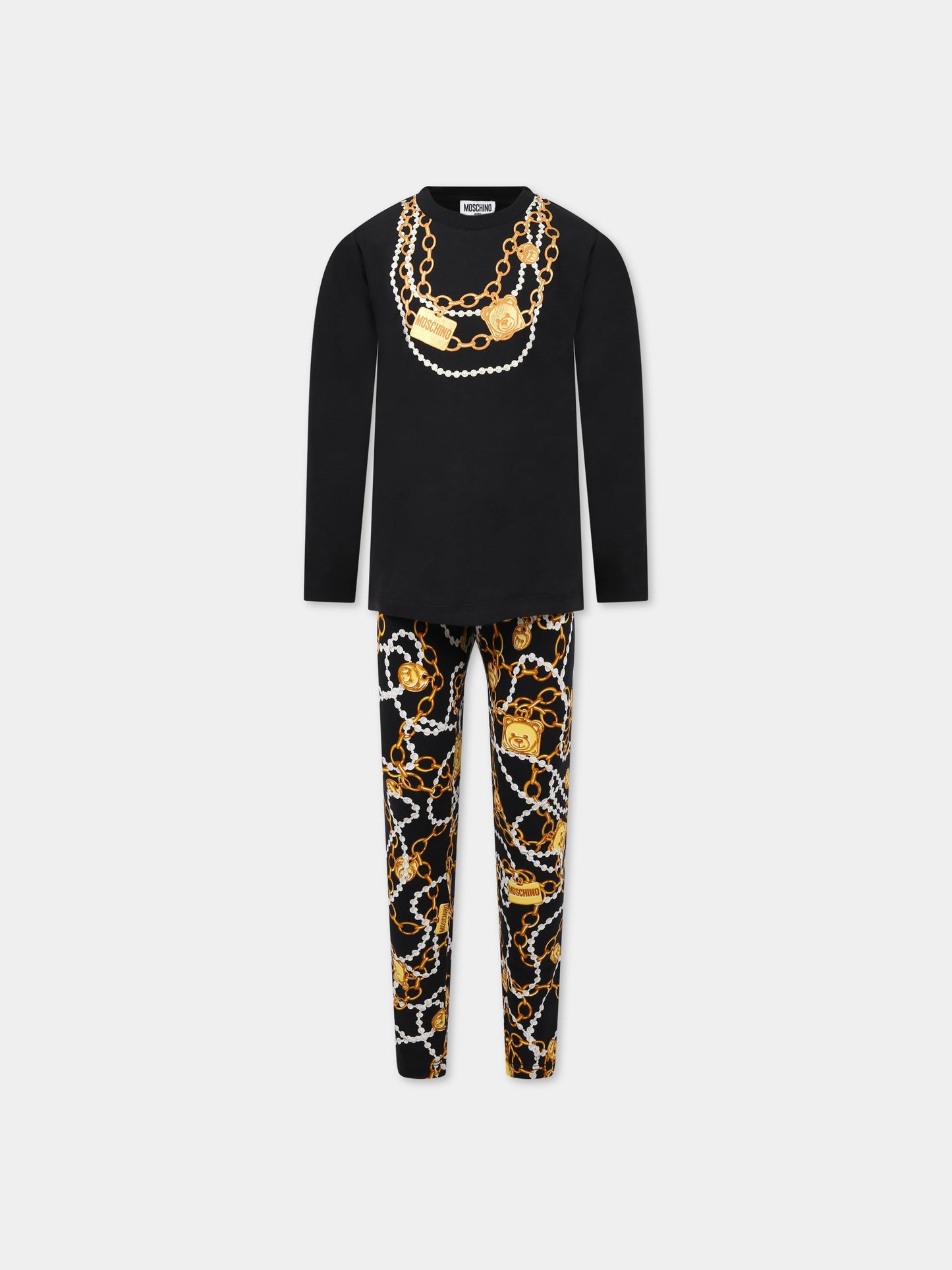 Completo nero per bambina con Teddy Bear, stampa e logo,Moschino Kids,HBK021 LBB2B 60100