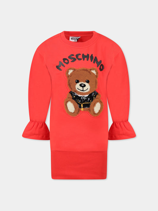 Vestito rosso per bambina con Teddy Bear e logo,Moschino Kids,HDV0BX LDA16 50109