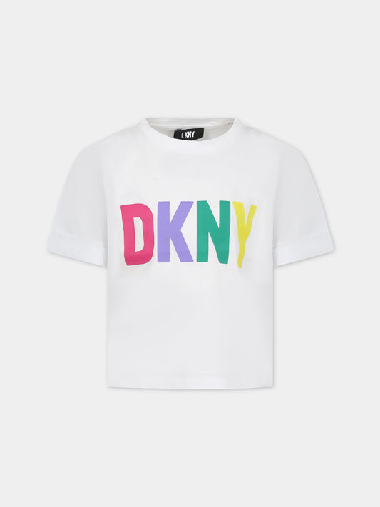 T-shirt bianca per bambina con logo,Dkny,D35S31 10B