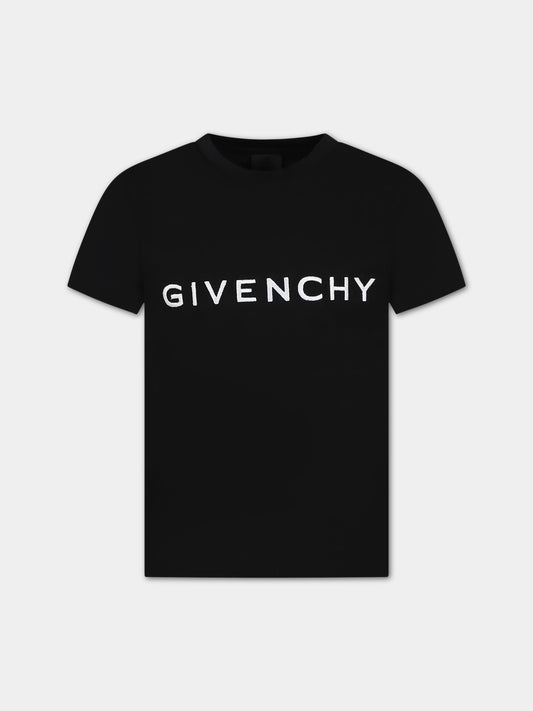 T-shirt nera per bambini con logo  e motivo 4G,Givenchy Kids,H25373 09B