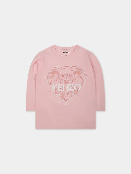 T-shirt rosa per neonata con elefante e logo,Kenzo Kids,K95078 44D