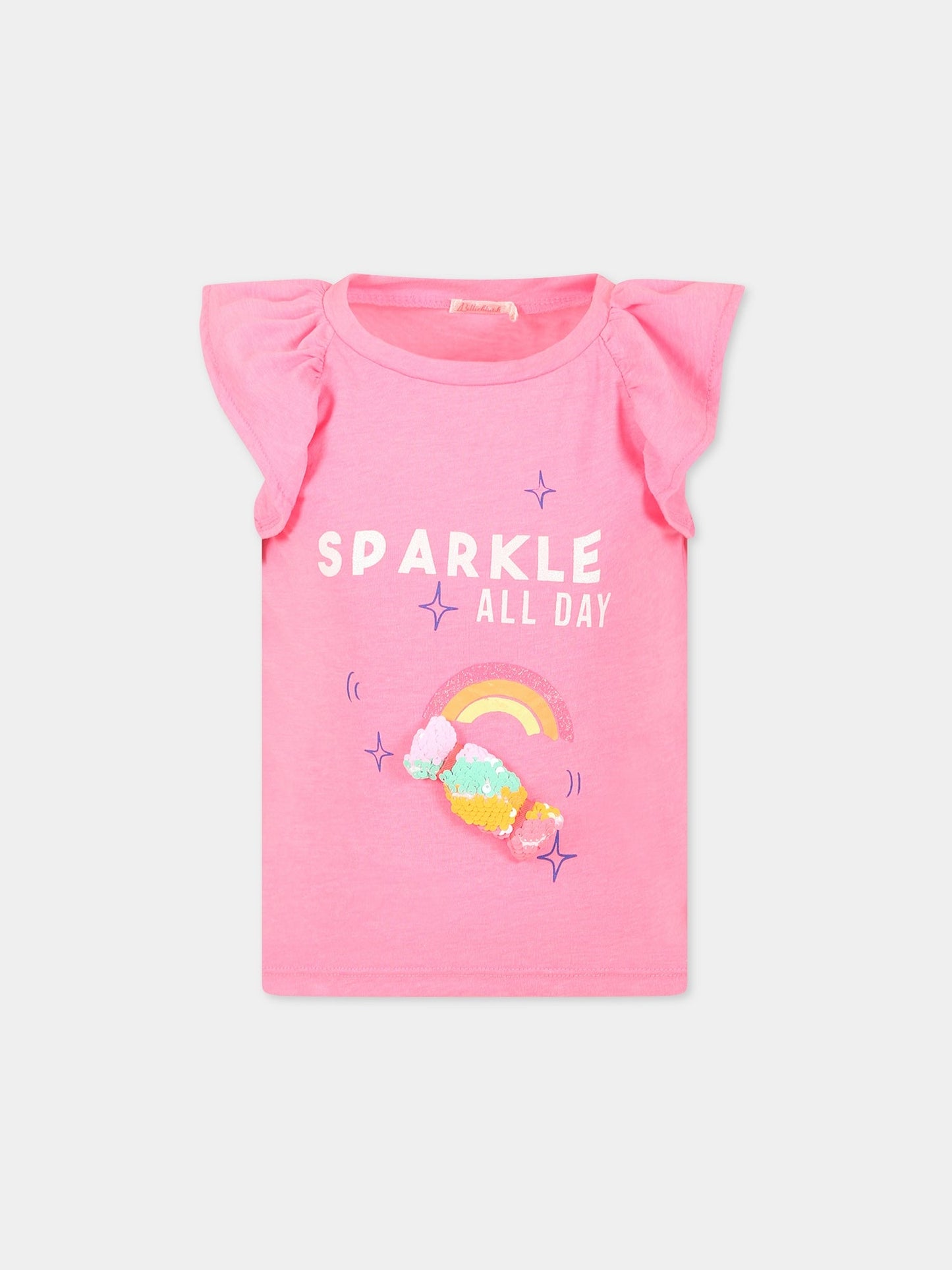 T-shirt rosa per bambina con caramella e scritta Sparkle all-day,Billieblush,U15988 47T