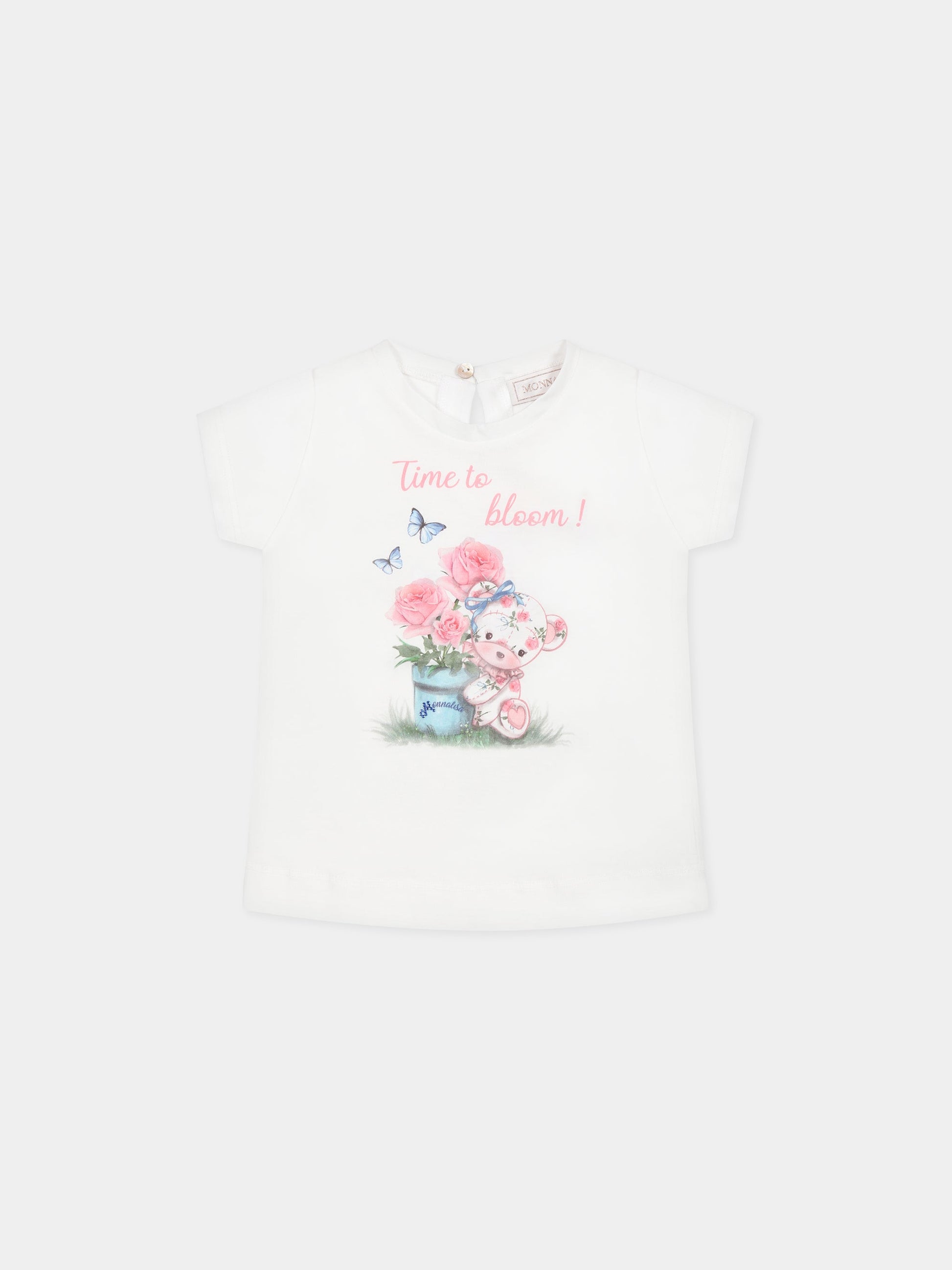 T-shirt bianca per neonata con stampa orso e logo,Monnalisa,399601 9012 0001