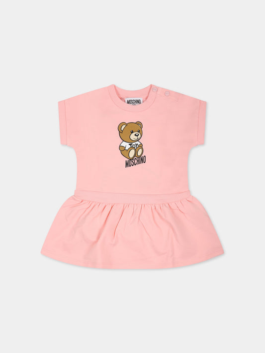 Vestito rosa per neonata con Teddy Bear e logo,Moschino Kids,MAV09I LDA00 50209